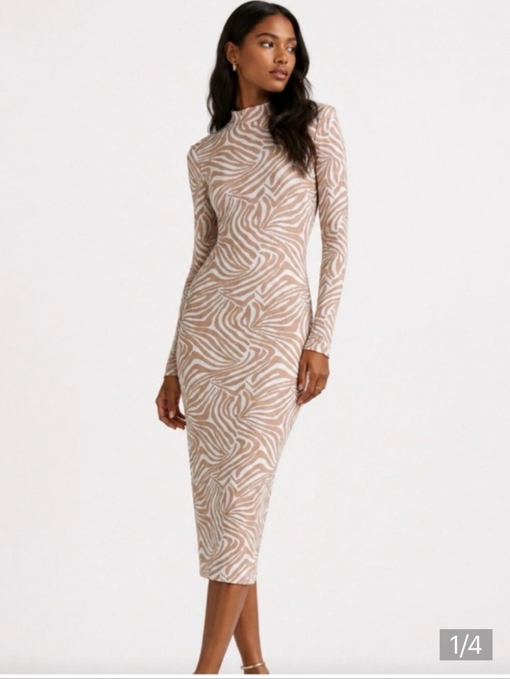 Ted Baker Beige and White Zebra-Print Long Sleeve Midi Dress, Size 1,US Size 2